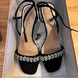 Jewel Badgley Mischka Black Satin Crystal-Embellished Ankle-Strap Sandals
